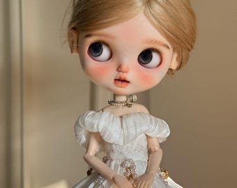 Blythe White Pearl Fairy Dress | Satin Ruffle Gown | Luxury Blythe Doll Outfit