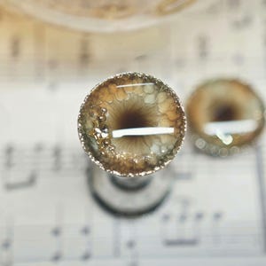 Può includere: Primo piano di un paio di orecchini rotondi in resina con un design marmoreo marrone e bianco. Gli orecchini hanno un bordo argentato e glitter dorati.