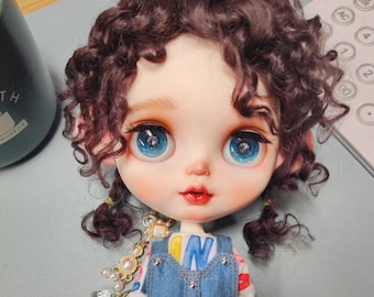 Perruque vintage de poupée en mohair chocolat : Blythe/Qbaby, 9-10" fait main