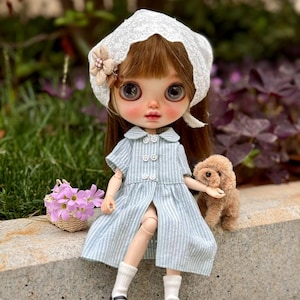 Blythe Doll Dress Set: Striped Skirt, Socks, Headscarf, Hairpins
