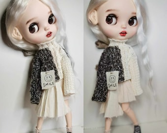 Fashion Black and White Sweater Blythe Doll Clothes,1/6 Doll Clothes for Azone OB24 OB22 Body Skirt ,OB24 Doll Clothes,Blythe Outfit