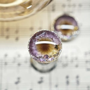 Può includere: Un primo piano di un tappo per bottiglia di colore viola e oro con una finitura scintillante. Il tappo presenta un design in resina con un centro marrone e un anello esterno viola.