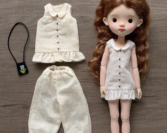 Natürliche Leinen Peter Pan Kragen Outfit | Handmade Blythe Kleidung Set
