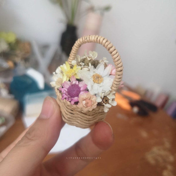 Mini cesto di fiori secchi per bambola Blythe 1/6 Bjd, cestino di bambù in miniatura, decorazione della casa delle bambole casa delle bambole fai da te