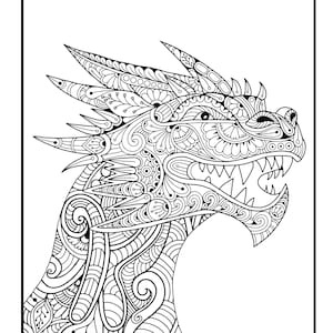 May include: A black and white line drawing of a dragon's head with intricate details. The dragon's head is facing the right side of the image. The dragon's head is filled with detailed patterns and swirls.
