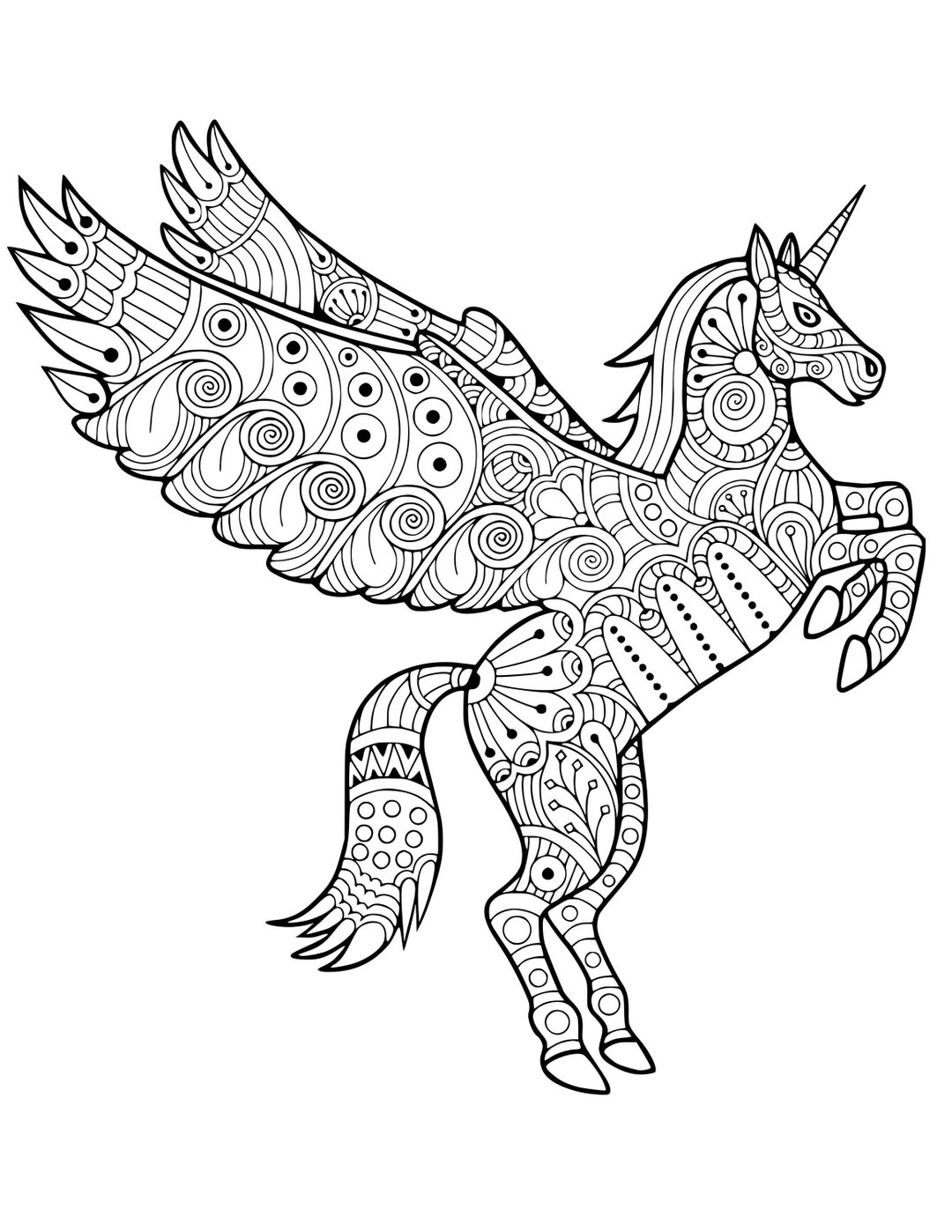 Zentangle Pegasus Unicorn - Coloring Page, Cricut Pattern