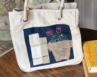 Hand Embroidered Book Tote with Upcycled Denim
