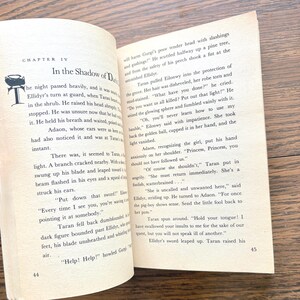 An open book displays Chapter IV, "In the Shadow of Dark Gate." The text describes a night scene where Taran is on guard, hears a sound, and is confronted by a dark figure.