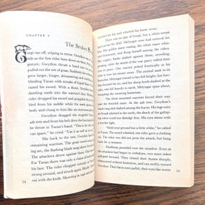 This is a picture of an open book with text describing a battle. The left page begins with "CHAPTER V" and the title "The Broken Sword." The right page continues the narrative, with the page number "55" visible at the bottom corner.