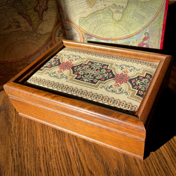 Wooden Jewelry Box w Tapestry - London Leather circa 1970s - Trinket Storage with Plush Lining