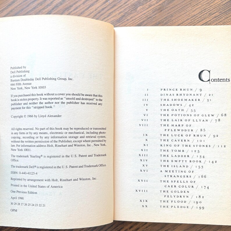 This image shows the copyright information and table of contents for the book "The Castle of Llyr." The table of contents begins with the chapter titled "Prince Rhun."