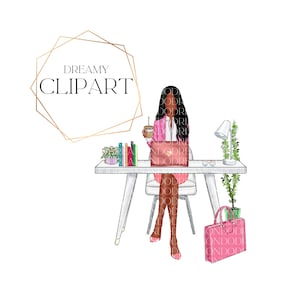 Black Girl Boss Clipart, Desk Clipart, Office Clipart