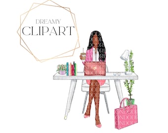 Black Girl Boss Clipart, Desk Clipart, Office Clipart