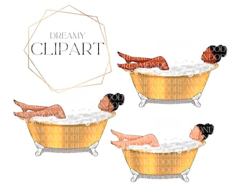 Bubble Bath Clipart, Self-care clipart, Bathroom Black Girl Clipart, Bathroom clipart, Girl Relaxing, Black Woman Clipart, Bath Tub clipart