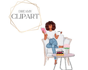 Black girl clipart reading in chair, Reading Clipart