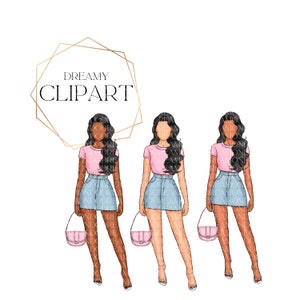 Black Girl Denim Clipart, Black Woman Clipart, Denim outfit clipart, Denim and Pink outfit clipart