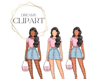 Black Girl Denim Clipart, Black Woman Clipart, Denim outfit clipart, Denim and Pink outfit clipart