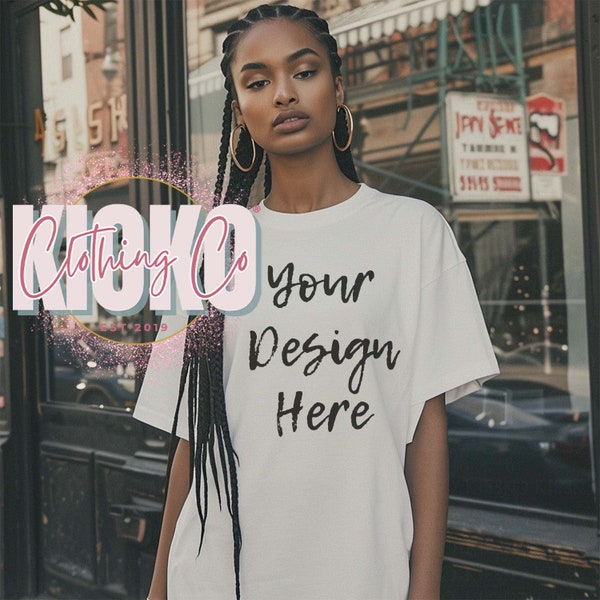 African American Woman CREAM T-Shirt Mockup | T-Shirt Mockup | Black Woman Model Mockup | Streetwear Mockup | Diverse Mockup | Fashion