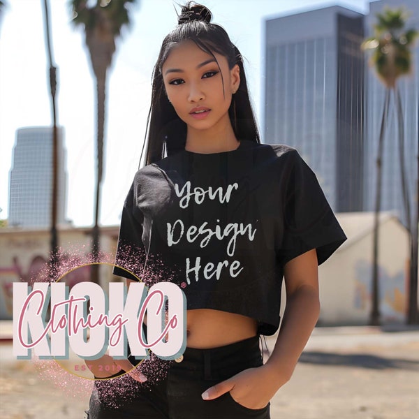 Mixed Race Asian Woman BLACK T-Shirt Mockup | Crop top Mockup | Fashion Mockup | Streetwear Mockup | Diverse Mockup