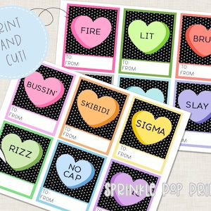 Biglietti di San Valentino con cuoricini di caramelle gergale Gen Alpha stampabili per la scuola / 12 progetti Gen Alpha / Biglietti di San Valentino con marciume cerebrale / Download immediato