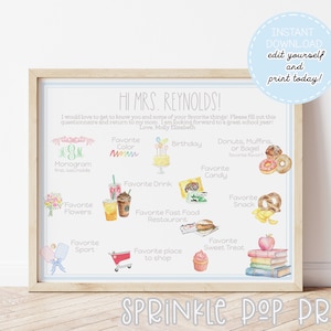 Blue Get to Know the Teacher Questionnaire | Printable & Editable | Watercolor Teacher Favorite Things | Back to School Survey