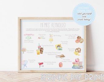 Blue Get to Know the Teacher Questionnaire | Printable & Editable | Watercolor Teacher Favorite Things | Back to School Survey