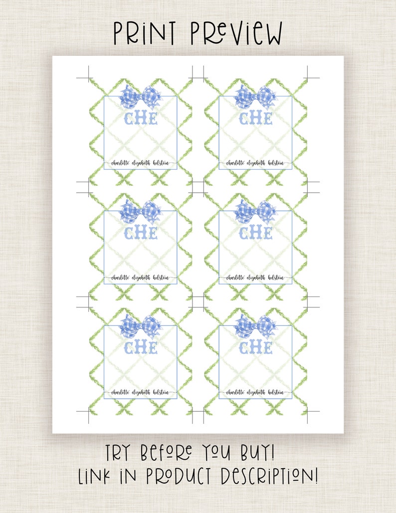 Greenery Trellis Blue Plaid Bow Printable Enclosure Card Gift Tag Custom Cards Personalized Card