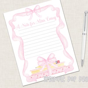015 / Nota al maestro / Imprimible / Marco de lazo rosa / Pila de libros / Papelería imprimible en acuarela para la escuela / Carta del maestro