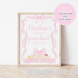015 | Pink Bow Frame First Day of School Sign | Watercolor First Day of School Sign | Pink Frame | Book Stack | Printable & Editable