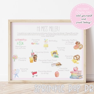 Pink Get to Know the Teacher Questionnaire | Printable & Editable | Watercolor Teacher Favorite Things | Back to School Survey