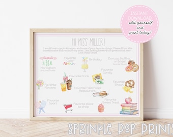 Pink Get to Know the Teacher Questionnaire | Printable & Editable | Watercolor Teacher Favorite Things | Back to School Survey