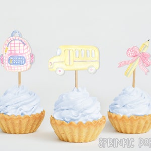 008 | Toppers para cupcake de volta às aulas | Toppers de cupcake aquarela | Ônibus escolar | Mochila | Lápis | Download instantâneo | Imprimível