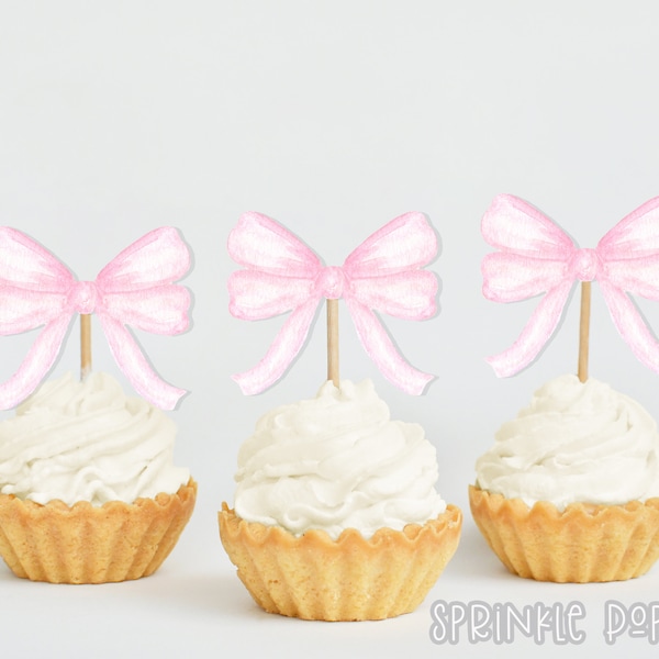 Pink  Bow Cupcake Toppers | Watercolor Cupcake Toppers | Pink Bows | Instant Download | Printable