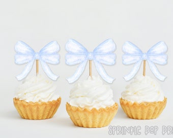 Etwgbaby 20 Pcs Blue Bow Cupcake Toppers - Bowknot Picks For Baby Shower, Birthday, Wedding