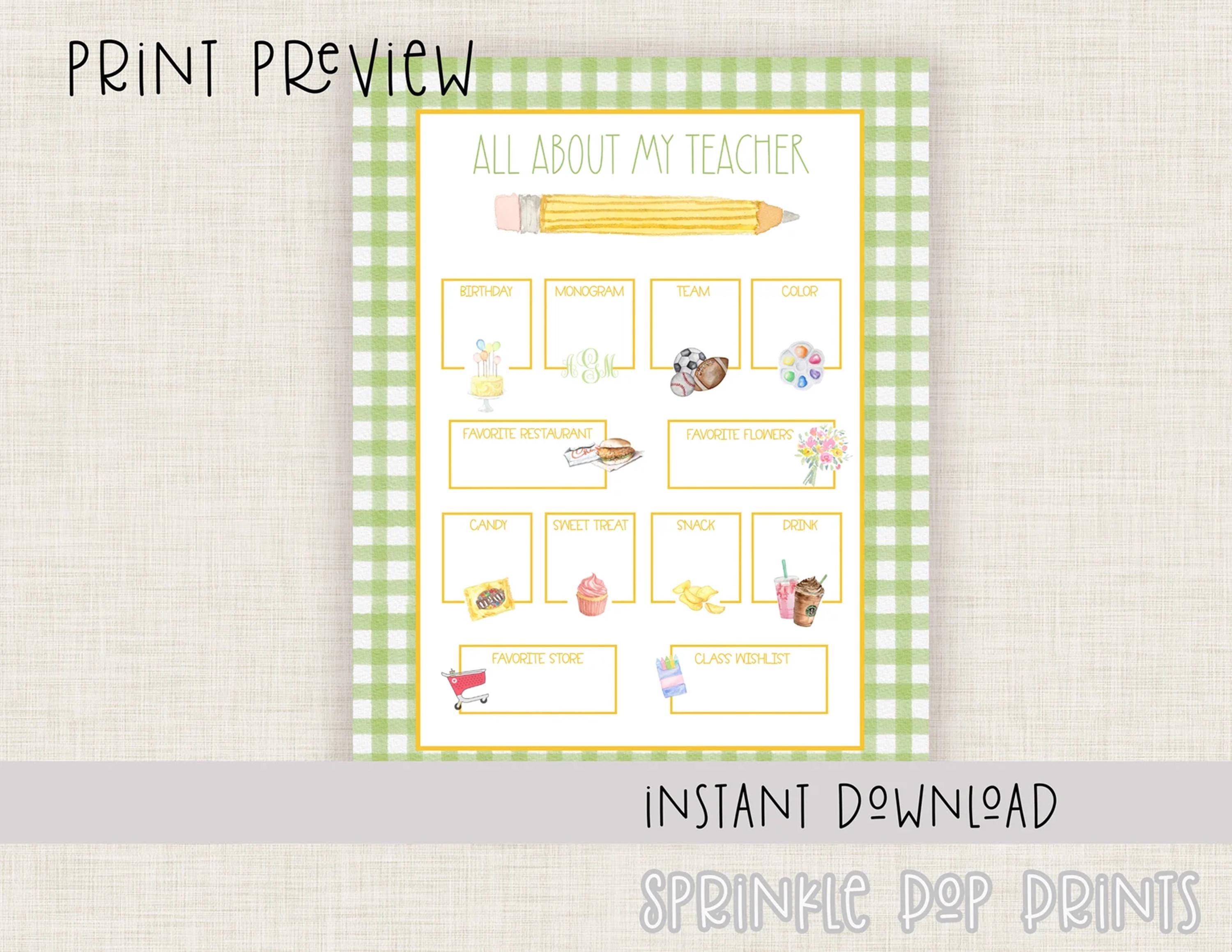 010 | All About the Teacher Questionnaire | Printable | Watercolor Teacher Favorite Things | Back to School Survey | Instant Download