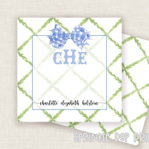 Groen Trellis | Blauwe geruite strik | Afdrukbare bijlagekaart | Cadeaukaartje | Aangepaste kaarten | Gepersonaliseerde kaartsjabloon