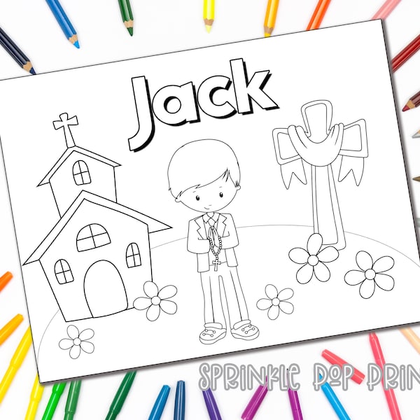 First Communion Boy | Personalized Coloring Page | You Edit | INSTANT DOWNLOAD | Custom Coloring Book Page | Coloring Pages for Kids