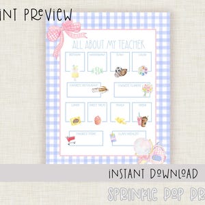 008 | All About the Teacher Questionnaire | Printable | Watercolor Teacher Favorite Things | Back to School Survey | Instant Download