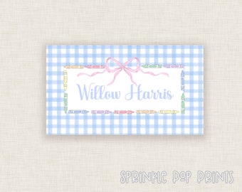 001 | Back to School Name Labels  | Blue Gingham | Crayon Border | Bow | School Label | Sticker Tag | Custom Labels | Personalized Sticker
