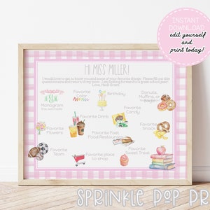 Pink Gingham Get to Know the Teacher Questionnaire | Printable & Editable | Watercolor Teacher Favorite Things | Back to School Survey