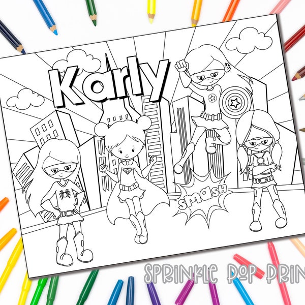 Super Hero Girl | Personalized Coloring Page | You Edit | INSTANT DOWNLOAD | Custom Coloring Book Page | Coloring Pages for Kids