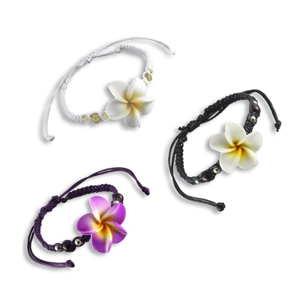 Hawaii Style Frangipani Blüten Armband Handarbeit Shamballa farbenfroh größenverstellbar