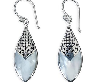 925 silver earrings ladies drop earrings with mother of pearl elegant elongated vintage design