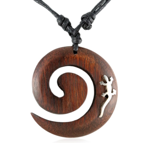 Halskette Gecko Koru Spirale Maori Design Anhänger aus Holz längenverstellbar