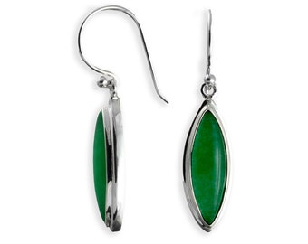 May include: A pair of silver dangle earrings featuring green oval-shaped gemstones. The earrings have a simple design with a smooth, polished finish.