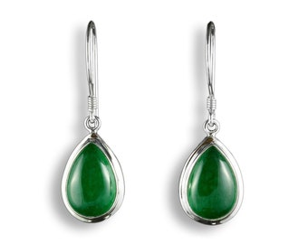 May include: A pair of silver drop earrings with green gemstone drops. The earrings are teardrop shaped and set in a silver bezel.