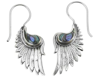 Orecchini da donna in argento 925 con madreperla, design elegante, ali d'angelo
