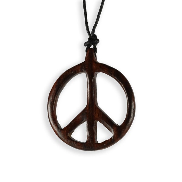 Handgefertigter 11cm XXL Frieden Peace Symbol Anhänger Kettenanhänger aus Holz mit Band Halskette längenverstellbar