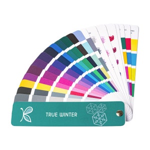 May include: A color guide fan with a teal cover that says "TRUE WINTER". The fan is open to show a variety of colors, including blues, greens, purples, and pinks.