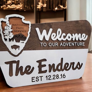 Painted National Park Service Welcome Sign - NPS inspired family name sign, custom layered laser cut laser engraved, outdoor, wilderness